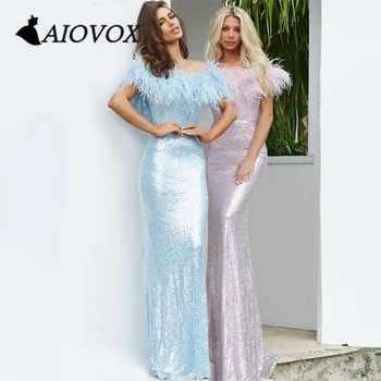 AIOVOX Off-the-õla Ametlik Tanssiaiset Kleit peep varba kingad Sulg Elegantne õhtukleit Merineitsi Põranda-pikkus Vestido De Noche Naistele