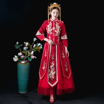 Xiuhe Retro Hiina Pulm Kleit EmbroideryTraditional Cheongsam Oriental Stiilis Qipao Kleit Lady Pulmas Pruut Osaline Kostüüm