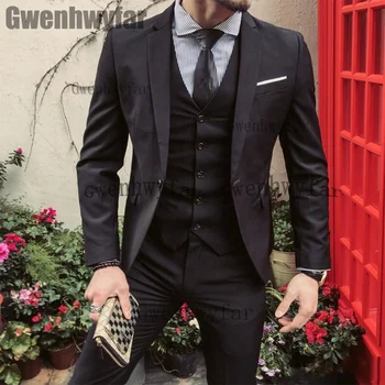 Gwenhwyfar 2023 Aasta Sügisel Meeste Ülikond Slim Fit Pulmad Hooldajat Sobib Set Meeste Vabaaja Must Bussiness Smoking Osaline Ülikond（Jope+Pant+Vest）