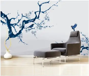WDBH Custom foto 3d tapeet Hiina tint sinine lilled ja linnud home decor ruum 3d, seina murals tapeet seinte 3 d