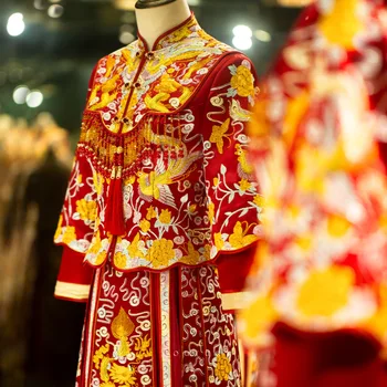 Hiina Stiilis Mandarin Krae Abielu Cheongsam Elegantne Dragon Ja Phoenix Tikandid Pulm Kleit Свадебное платье