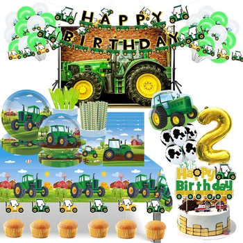 Roheline Põllumajandusettevõtte Traktori Teema Ühekordsed Nõud Paber Cup Plaadid Veoauto Sõiduki Ekskavaator Lapsed Poisid 1 2 Pool Kaunistused Supplie